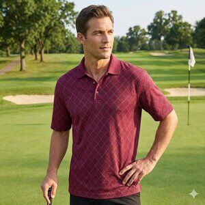 Jos. A. Bank David Leadbetter Golf Polo Shirt Mens Medium Red Argyle Knit Cotton